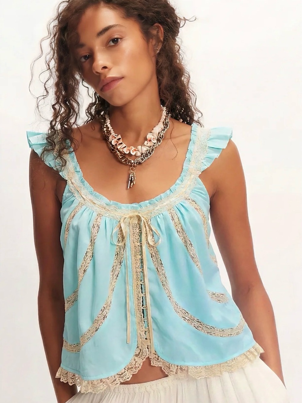 Free People Pastel Blue Vintage Inspired Lace-Trim Top